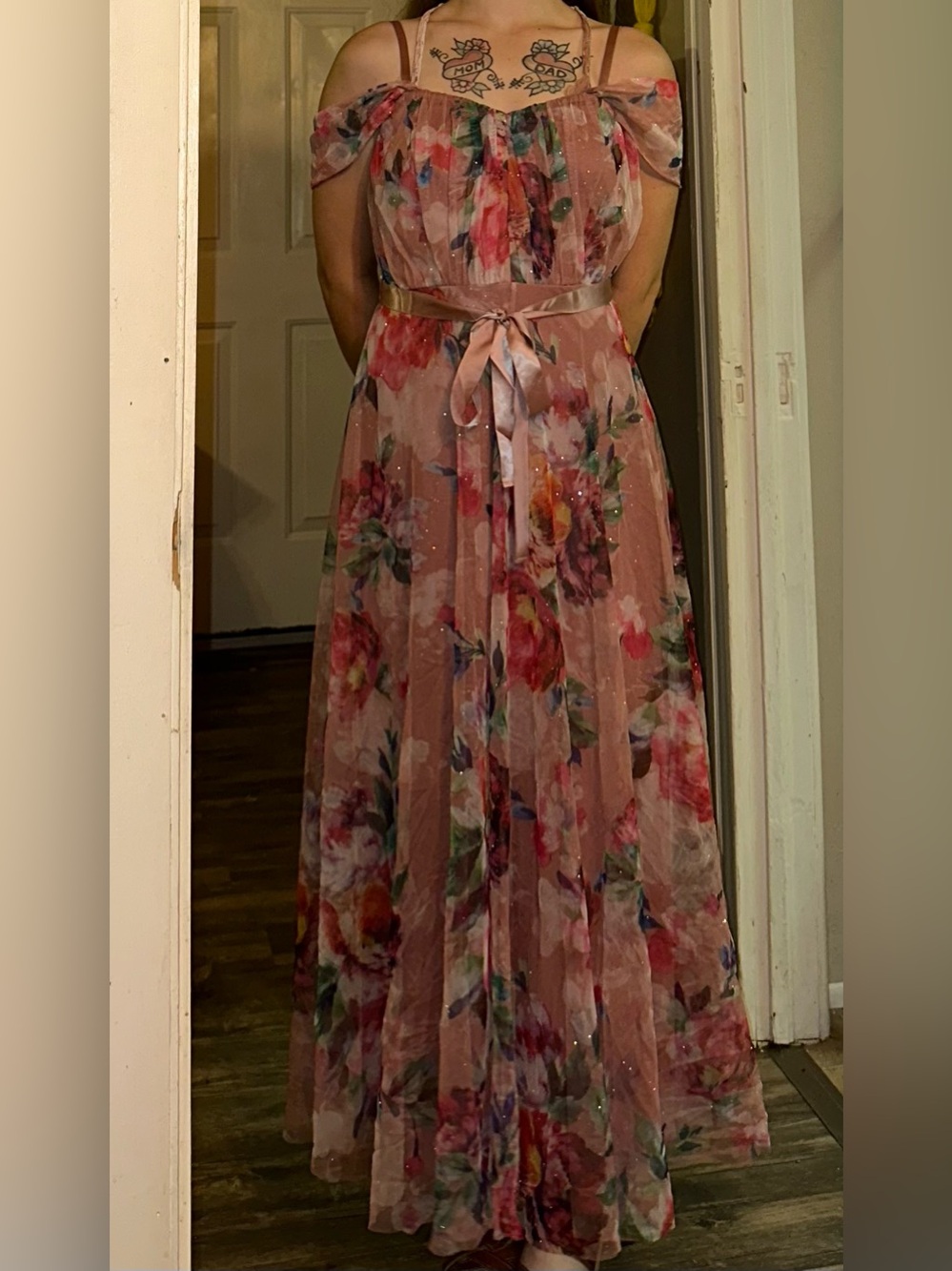 Blush Pink Floral Off-Shoulder Maxi Dress with Waist Tie
